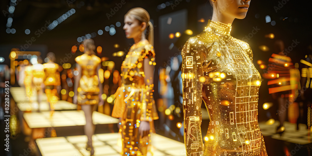 Fototapeta premium Gold Augmented Reality Fashion Show: Displaying a fashion show where models showcase augmented reality clothing and accessories, with gold-themed digital displays and holographic catwalks