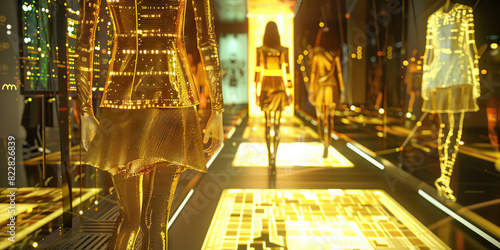 Gold Augmented Reality Fashion Show: Displaying a fashion show where models showcase augmented reality clothing and accessories, with gold-themed digital displays and holographic catwalks