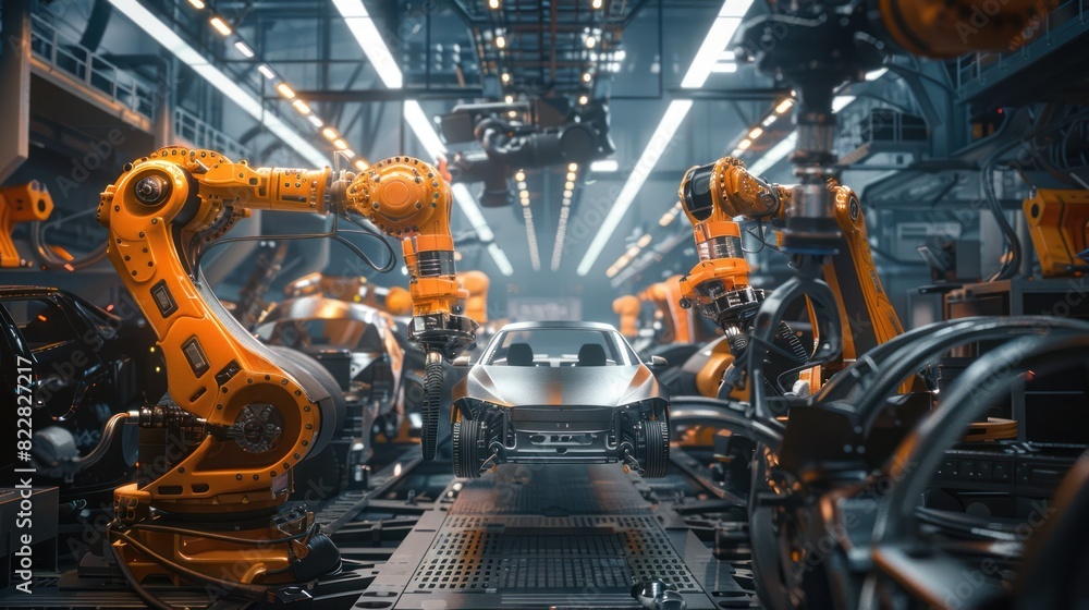 Automotive assembly car industry 4.0 factory with advanced IoT automated autonomous robot arms technology on 5G system. Industrial revolution background. Automotive assembly car industry 4.0 factory with advanced IoT automated autonomous robot arms technology on 5G system. Industrial revolution background.