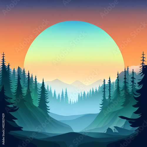 Forest sunset nature abstract background with trees, mountains and gradient colors