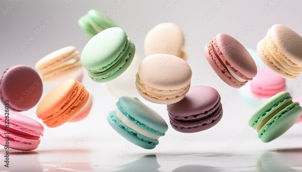 Obraz premium Various colorful of macarons floating in the air with motion blur white background 