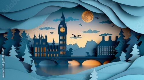Create a paper cut out style illustration of Big Ben with muted blue tones. Include a large moon and some flying birds. Make it look like a pop up book illustration.
