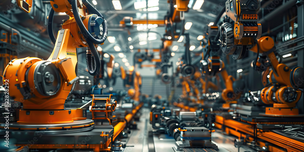 Steel Techno-Industrial Complex: Displaying a vast industrial complex where advanced technology is manufactured and developed, with steel structures and robotic assembly lines