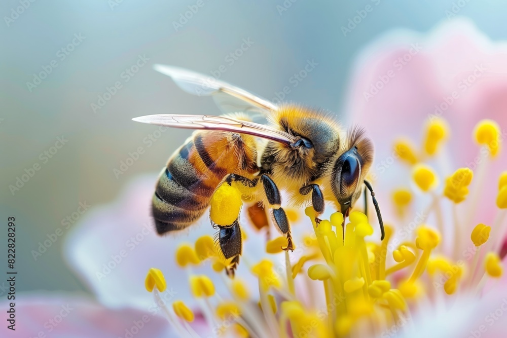 A bee is on a pink flower generated by AI A bee is on a pink flower generated by AI