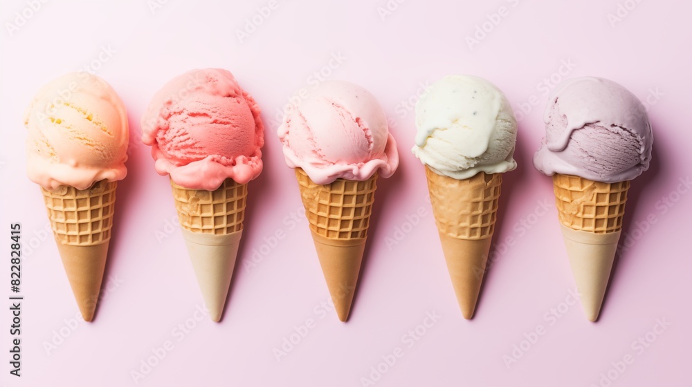 Five Delightful Ice Cream Cones in Various Flavors on a Pastel Pink Background Five Delightful Ice Cream Cones in Various Flavors on a Pastel Pink Background