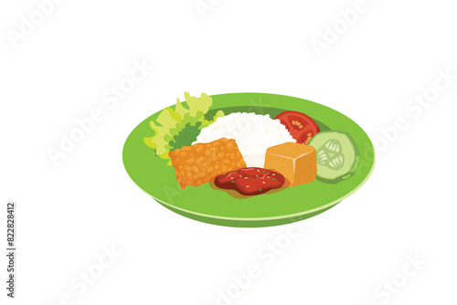 Fried Tempe And Tofu With Rice, Fresh Vegetables, And Sambal Served On A Green Plate | Indonesian Stall Food Illustration