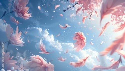 pink blossoms blowing away in the sky