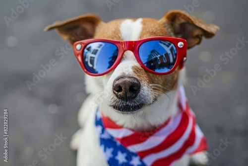 A Dog Wearing Patriotic Red Sunglasses and a Red White and Blue American Flag Bandana © tigerheart