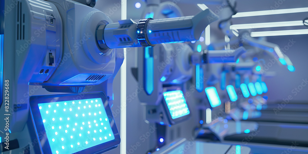 Sapphire Cybernetic Rehabilitation Center: Featuring a facility where individuals undergo rehabilitation and adjustment to cybernetic enhancements, with advanced medical technology and soothing blue Sapphire Cybernetic Rehabilitation Center: Featuring a facility where individuals undergo rehabilitation and adjustment to cybernetic enhancements, with advanced medical technology and soothing blue