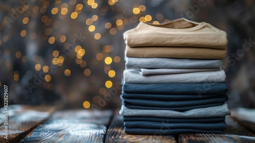 A stack of perfectly folded and minimalistic tshirts in various earthy shades. photo