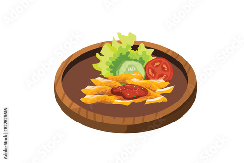 Fried Eel, Fresh Vegetables, and Sambal are Served in a Wooden Mortar | Indonesian Stall Food Illustration