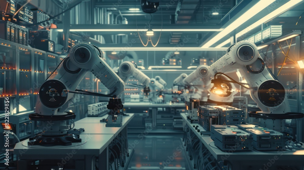 Electronic assembly microprocessor semiconductor industry 4.0 factory with advanced IoT automated autonomous robot arms technology on 5G system. Industrial revolution background. Electronic assembly microprocessor semiconductor industry 4.0 factory with advanced IoT automated autonomous robot arms technology on 5G system. Industrial revolution background.