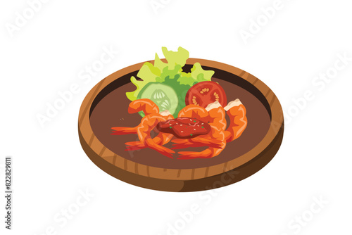 Fried Shrimp, Fresh Vegetables, and Sambal are Served in a Wooden Mortar | Indonesian Stall Food Illustration