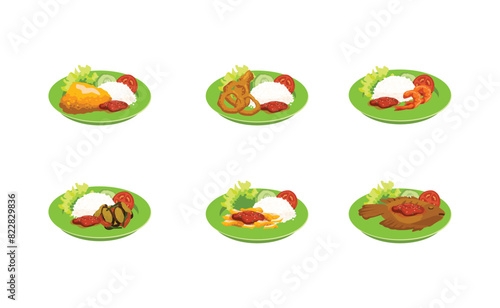 Collection Of Indonesian Stall Food In A Green Plate Illustration