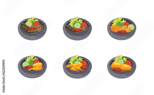 Collection Of Indonesian Stall Food In A Stone Mortar Illustration