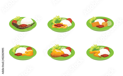 Collection Of Indonesian Stall Food In A Green Plate Illustration