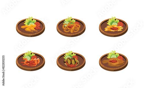 Collection Of Indonesian Stall Food In A Wooden Mortar Illustration