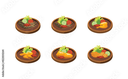 Collection Of Indonesian Stall Food In A Wooden Mortar Illustration