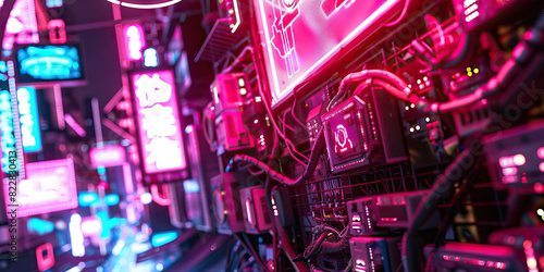 Magenta Cyberpunk Night Market: Featuring a vibrant night market where traders sell illegal cybernetic implants, software hacks, and digital contraband under the glow of neon lights photo
