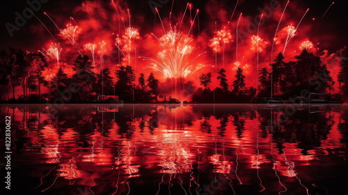 Double Exposure Canada Day Firework Reflections on a Lake   Created using Generative AI