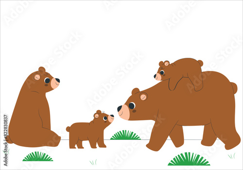 Brown, polar, black, Himalayan, Malay, spectacled, honey, sloth bear and panda. Animals in different poses, standing, walking and eating. Colored flat vector illustration isolated on white 