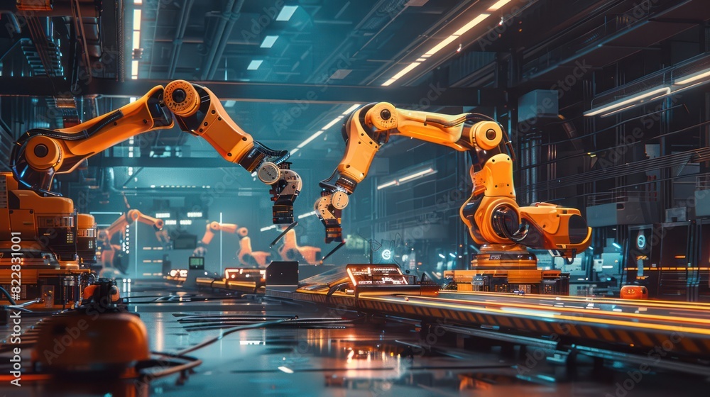 Electronic assembly microprocessor semiconductor industry 4.0 factory with advanced IoT automated autonomous robot arms technology on 5G system. Industrial revolution background. Electronic assembly microprocessor semiconductor industry 4.0 factory with advanced IoT automated autonomous robot arms technology on 5G system. Industrial revolution background.