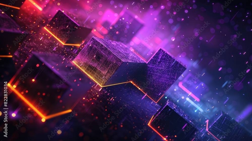 Abstract background with bright, neon geometric shapes on a dark, textured surface Abstract background with bright, neon geometric shapes on a dark, textured surface