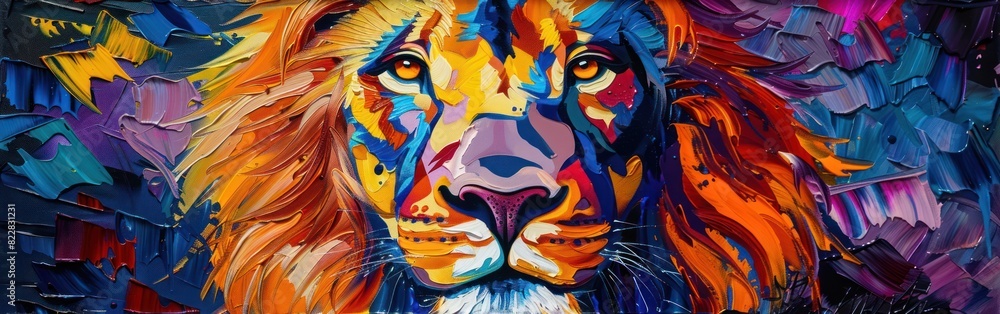 Colorful Lion Portrait in Abstract Oil and Acrylic Painting Style on Canvas with Palette Knife Technique