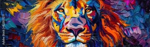 Colorful Lion Portrait in Abstract Oil and Acrylic Painting Style on Canvas with Palette Knife Technique