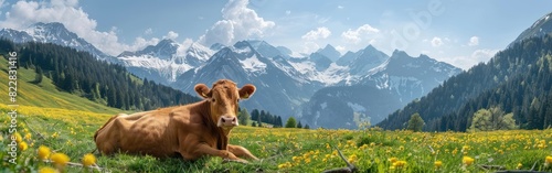 Panoramic Alpine Grazing: Amusing Cow on Fresh Green Meadow in Allgau, Austria's Picturesque Mountainscape