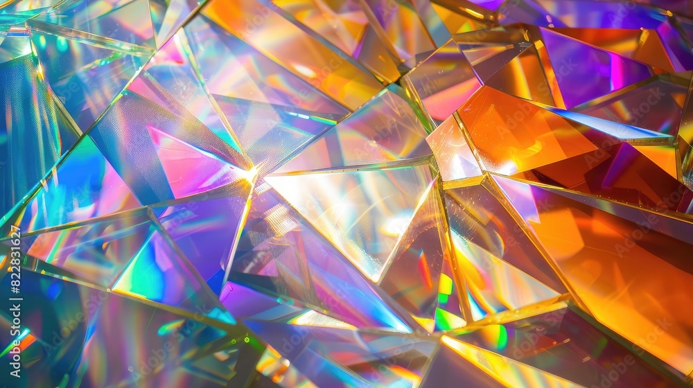 Abstract composition of broken glass shards with light shining through, creating prismatic colors Abstract composition of broken glass shards with light shining through, creating prismatic colors