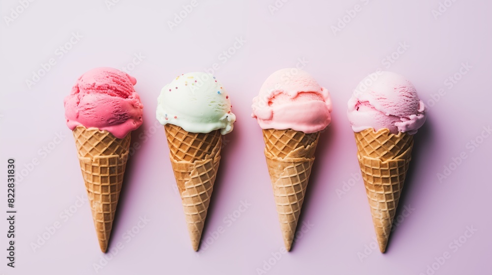 Delicious and Colorful Ice Cream Cones in Different Flavors on a Pastel Background Delicious and Colorful Ice Cream Cones in Different Flavors on a Pastel Background