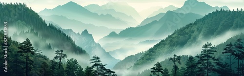 Majestic Misty Mountain Adventure: Outdoor Camping, Hiking & Wildlife in the Green Silhouette of Forest Woods - Realistic Landscape Panorama Illustration Vector
