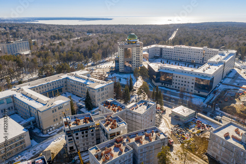 Aerial view of the construction of Novosibirsk State University  in spring