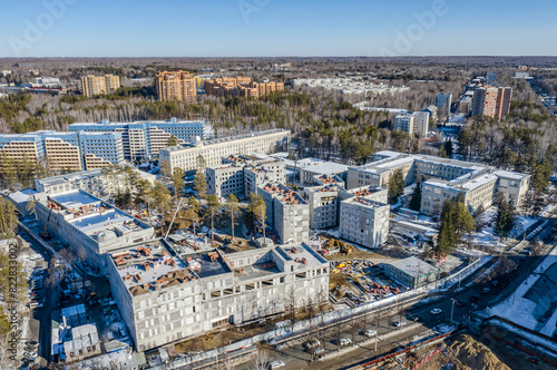 Aerial view of the construction of Novosibirsk State University  in spring