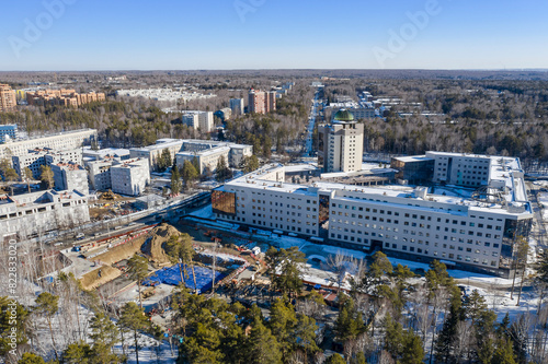 Aerial view of Novosibirsk State University and the construction of its new buildings, in spring