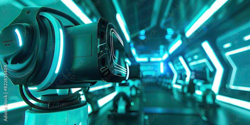 Fototapeta premium Teal Virtual Reality Gaming Arena: Showing a gaming arena where players engage in intense virtual reality battles and challenges, with futuristic gaming rigs and immersive environments