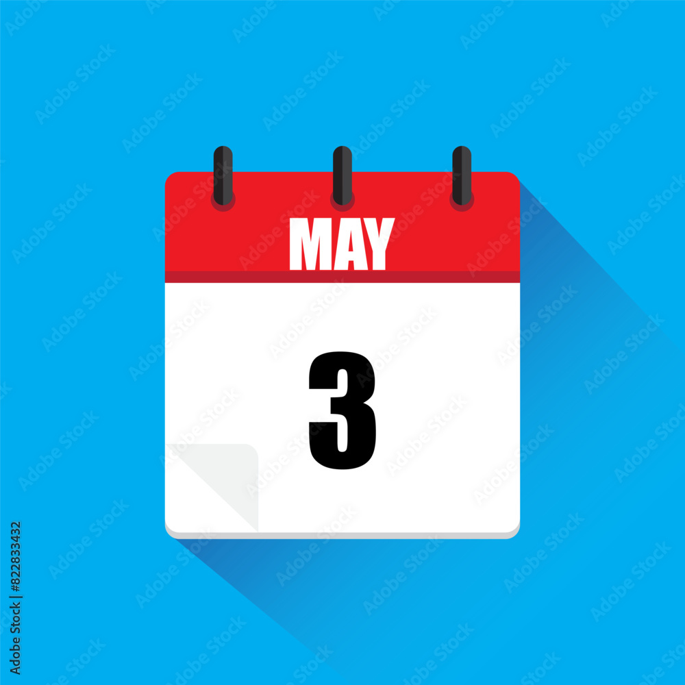Fototapeta premium Calendar icon vector. Red May header. Date three. Blue background shadow.