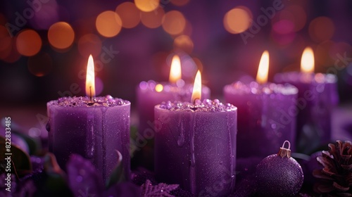 Glittering Purple Advent Candles with Soft Blurry Lights