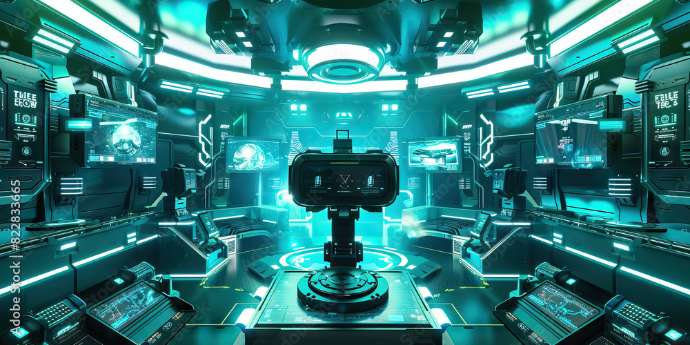 Fototapeta premium Teal Virtual Reality Gaming Arena: Showing a gaming arena where players engage in intense virtual reality battles and challenges, with futuristic gaming rigs and immersive environments