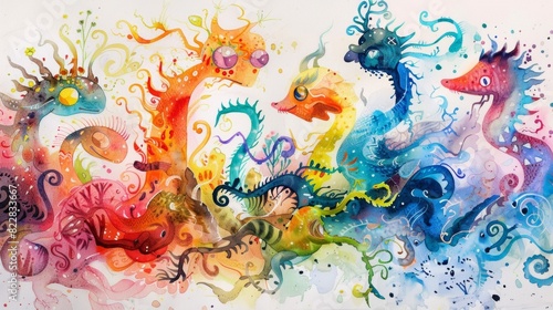 A whimsical watercolor painting featuring fantastical creatures each one representing a different type of supersymmetric partner.