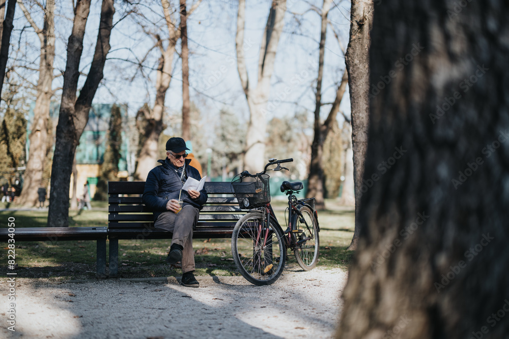 Obraz premium An elderly gentleman enjoys a peaceful moment reading on a sunny day in the park, with his bike parked beside him, embodying relaxation and retirement.
