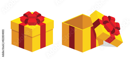 Single colourfu square yellow gift boxes with red ribbon flat design illustration. Open / close. Isometric vector interface elements for app icon ui banner web invitation isolated on white background