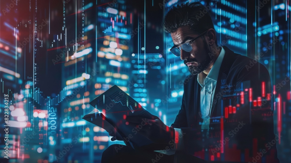 Composite shot of a businessman reviewing documents, with stock market data and financial graphs overlaying Composite shot of a businessman reviewing documents, with stock market data and financial graphs overlaying
