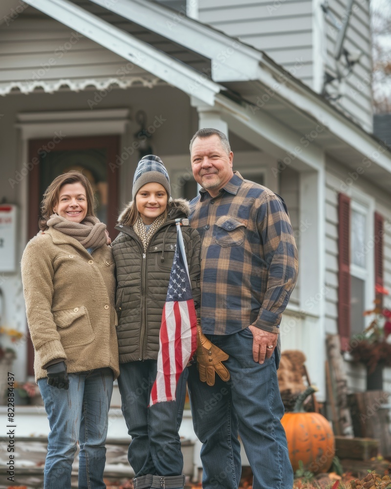 Proud Veteran with Family Holding American Flag Outside Home on Veterans Day Proud Veteran with Family Holding American Flag Outside Home on Veterans Day