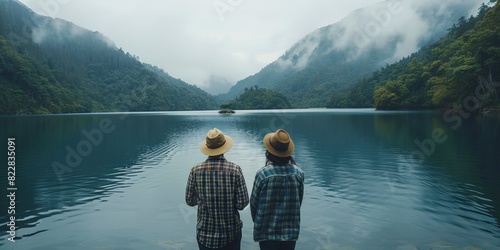 Misty Lake Adventure: Two Friends in Checkered Shirts and Hats Exploring a Foggy Mountain Lake on an Overcast Day