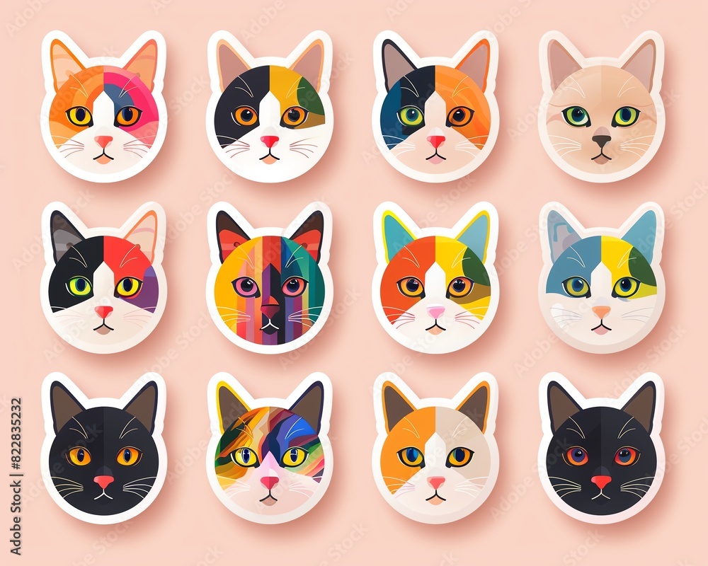 Minimal modern image of a set of pride cat stickers featuring cats with rainbow fur and pride accessories, centered on a clean pastel background, vibrant colors, simple design Minimal modern image of a set of pride cat stickers featuring cats with rainbow fur and pride accessories, centered on a clean pastel background, vibrant colors, simple design