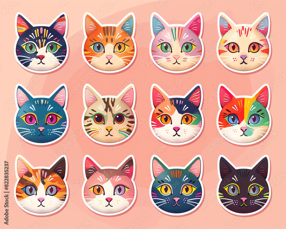 Minimal modern image of a set of pride cat stickers featuring cats with rainbow fur and pride accessories, centered on a clean pastel background, vibrant colors, simple design Minimal modern image of a set of pride cat stickers featuring cats with rainbow fur and pride accessories, centered on a clean pastel background, vibrant colors, simple design