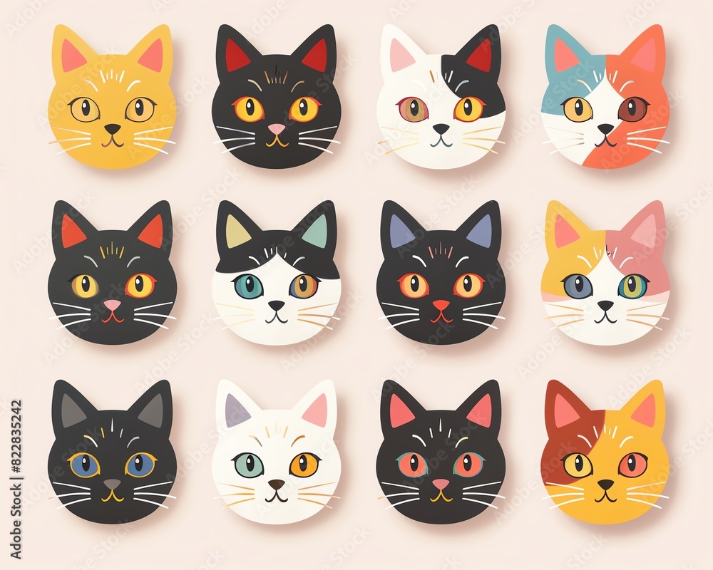 Minimal modern image of a set of pride cat stickers featuring cats with rainbow fur and pride accessories, centered on a clean pastel background, vibrant colors, simple design Minimal modern image of a set of pride cat stickers featuring cats with rainbow fur and pride accessories, centered on a clean pastel background, vibrant colors, simple design