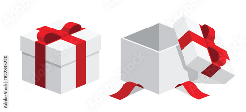 Single colourful square white gift boxes with red ribbon flat design illustration. Open close. Isometric vector interface elements for app icon ui ux banner web invitation isolated on white background